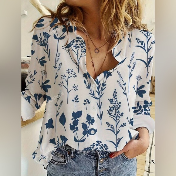SHEIN Tops - Botanic Print Turn-Down Collar Long Sleeve Women's Shirt. Size 8/10 (Large)